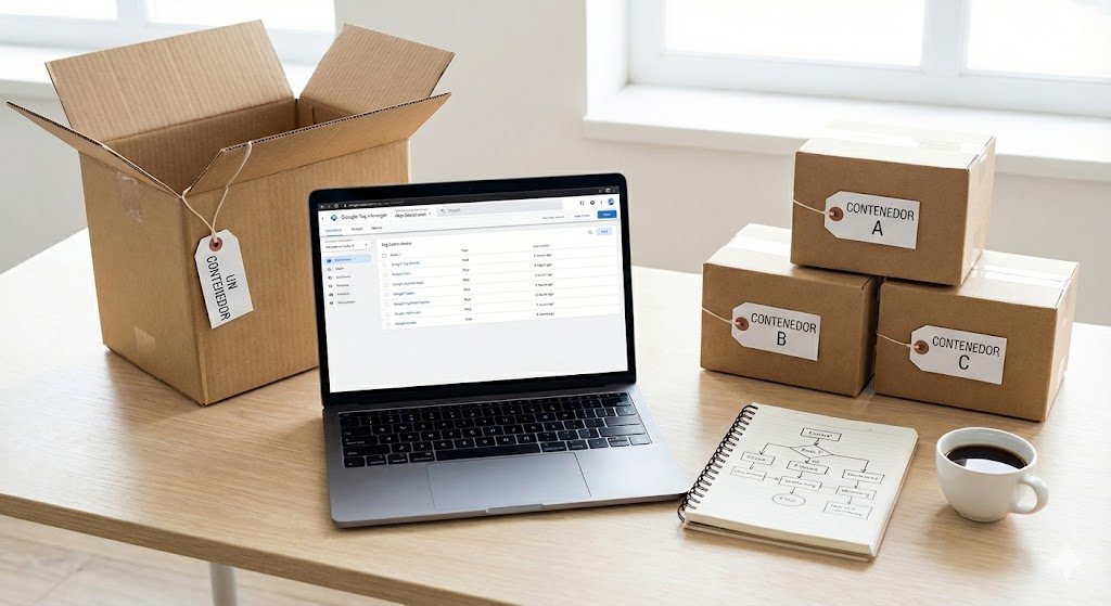 Una laptop mostrando la interfaz de Google Tag Manager en un escritorio, flanqueada por una caja de cartón grande abierta etiquetada "UN CONTENEDOR" y tres cajas más pequeñas cerradas etiquetadas "CONTENEDOR A", "B" y "C", ilustrando la estrategia de centralización frente a segmentación.